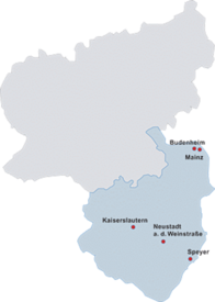 Dienststellen der SGD Süd auf einer Karte von Rheinland-Pfalz 