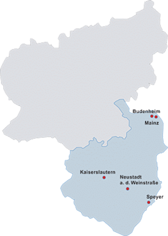 Dienststellen der SGD Süd auf einer Karte von Rheinland-Pfalz 